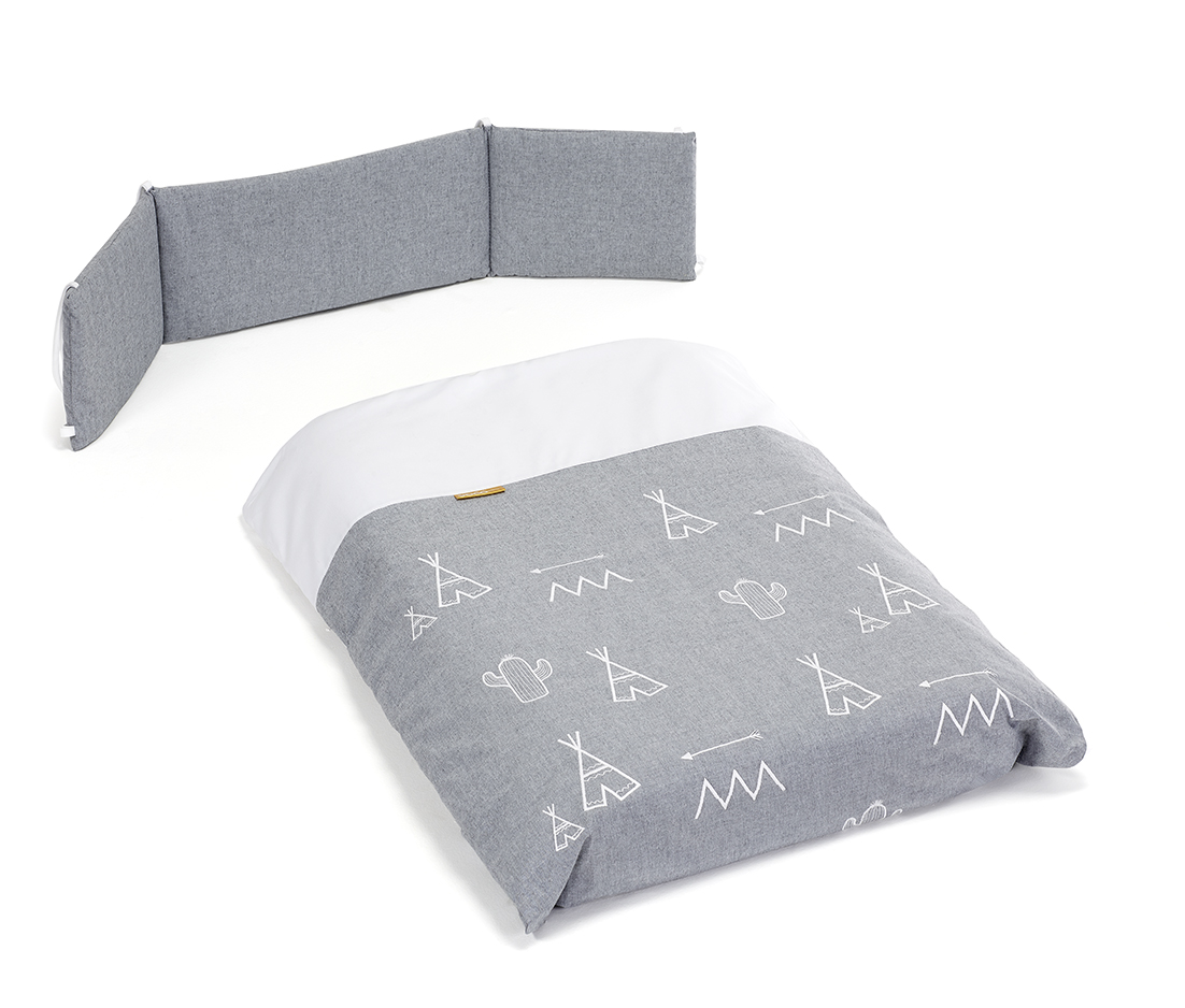 Cuna 120x60 DOCO Sleeping - Gris con colchón, colcha y protector
